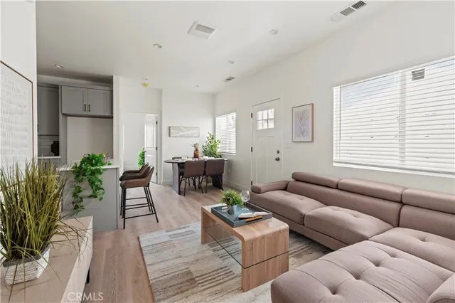 a living room with furniture potted plant and windows