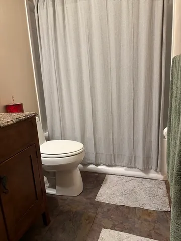 a white toilet sitting next to a shower curtain