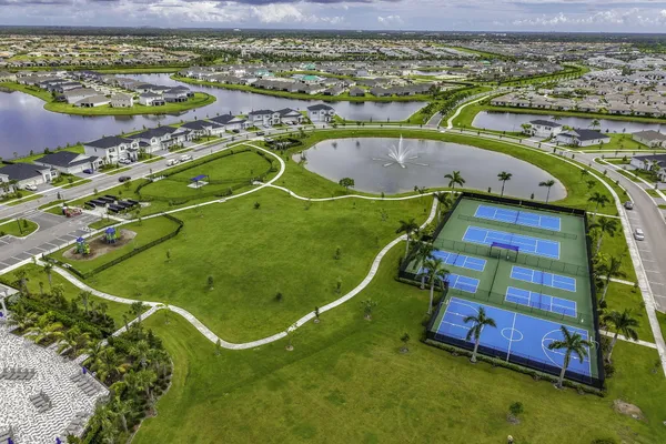 an aerial view of a swimming pool