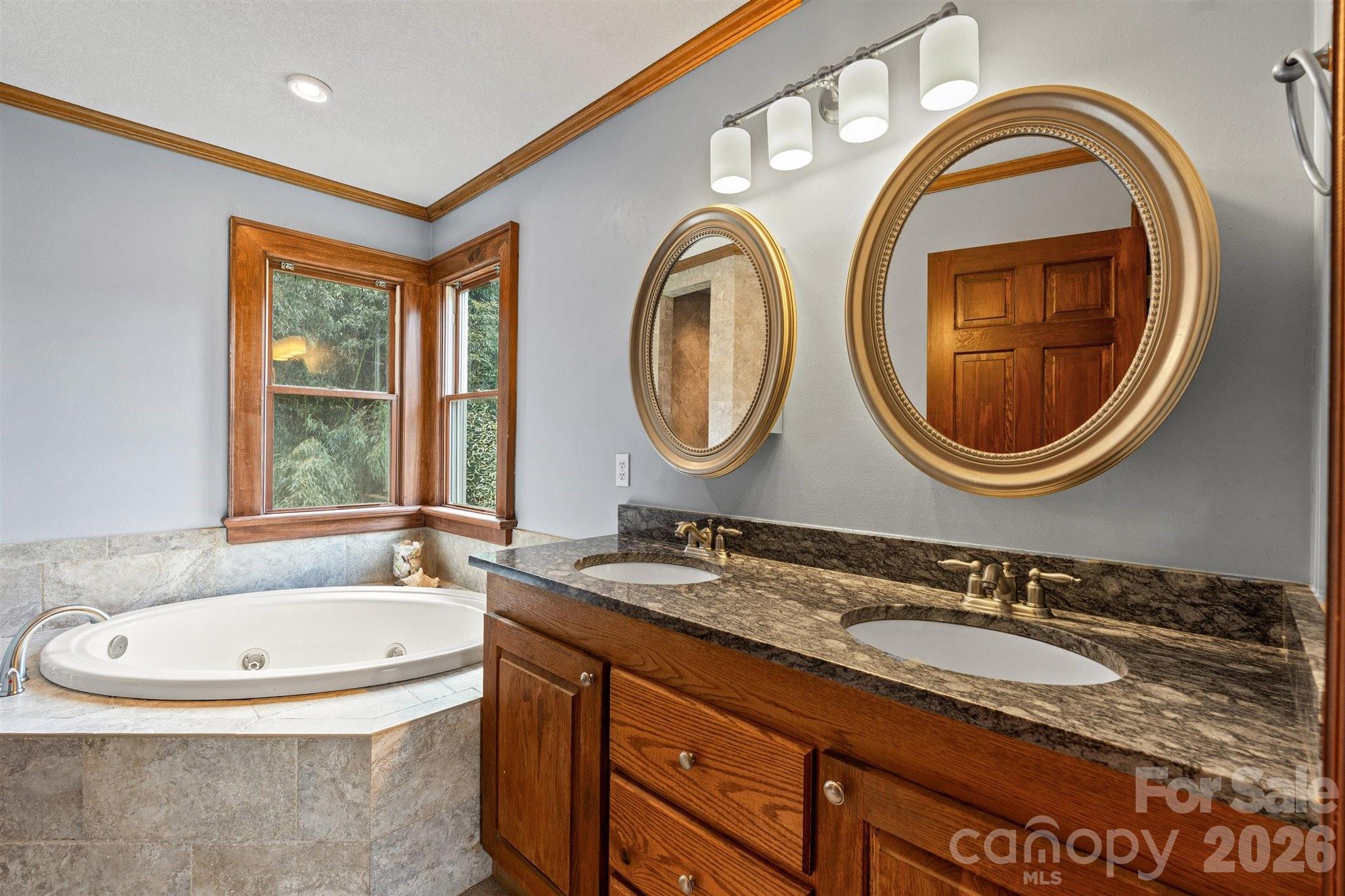 22 Pear Tree Lane Leicester, NC 28748 - Photo 23 of 47 a bathroom with a granite countertop double vanity sink and a mirror