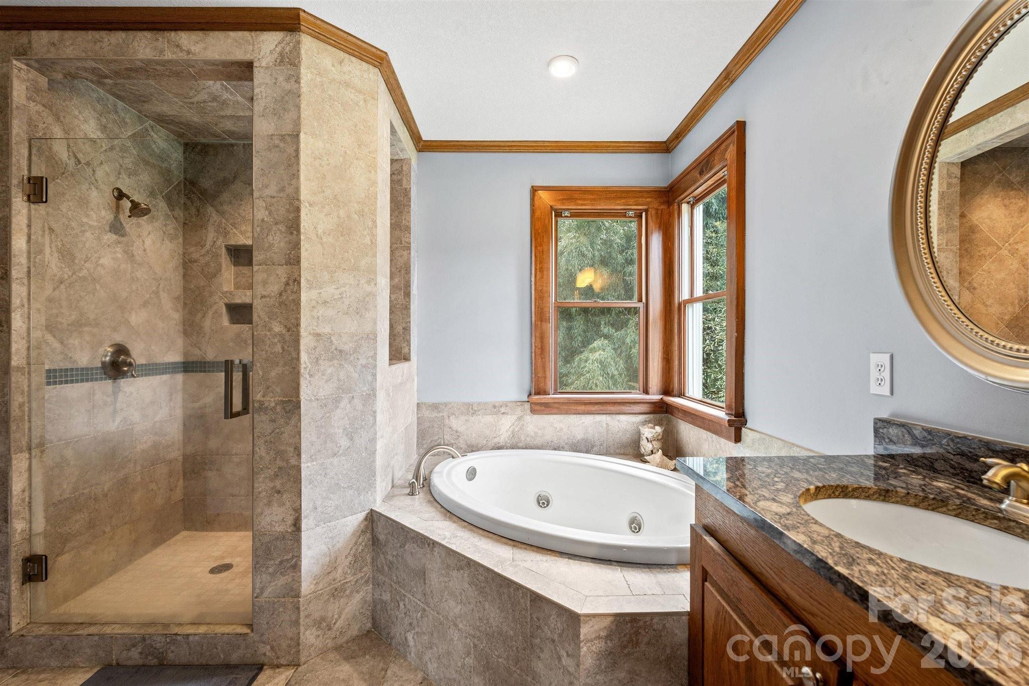 22 Pear Tree Lane Leicester, NC 28748 - Photo 24 of 47 a bathroom with a granite countertop sink and a mirror
