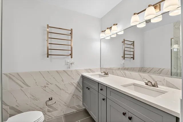 a bathroom with a sink double vanity and a toilet