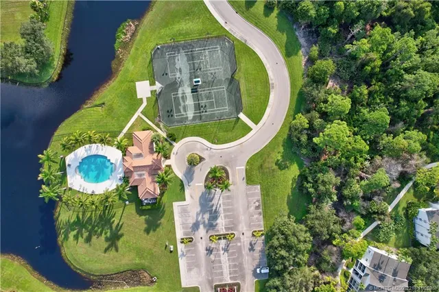 an aerial view of a backyard