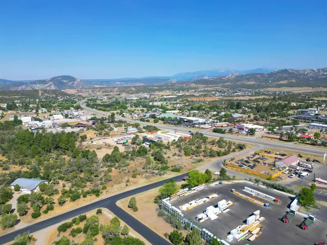 an aerial view of residential houses with outdoor space and trees