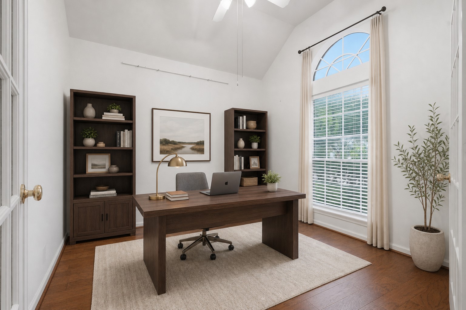 5815 Pheasant Ridge Lane Houston, TX 77041 - Photo 4 of 43 Private home office tucked away for added privacy and productivity. Beautiful large-plank wood flooring adds warmth and elegance, while the custom tall window fills the room with natural light. The thoughtful window placement also allows you to keep an eye on arrivals while working from home. Virtually staged to showcase its possibilities, this home is vacant and ready for immediate move-in!