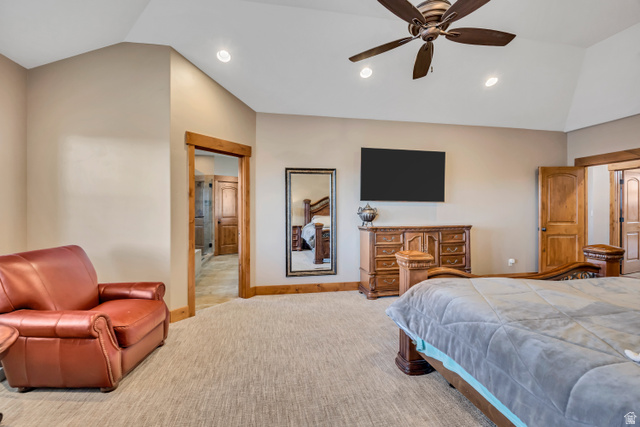 896 West 675 South Mapleton, UT 84664 - Photo 16 of 77 Bedroom with vaulted ceiling, a ceiling fan, recessed lighting, and light carpet