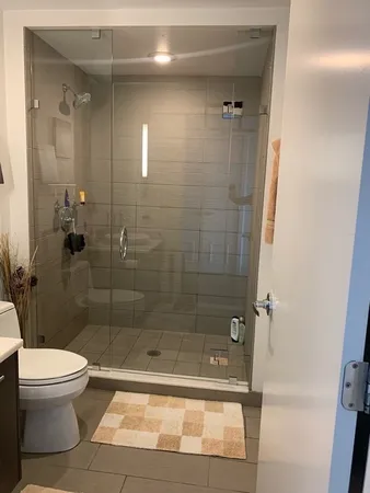 a bathroom with a shower and a toilet