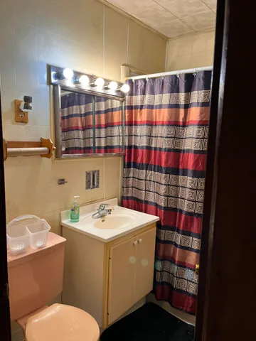 a bathroom with a sink a toilet a shower and a mirror