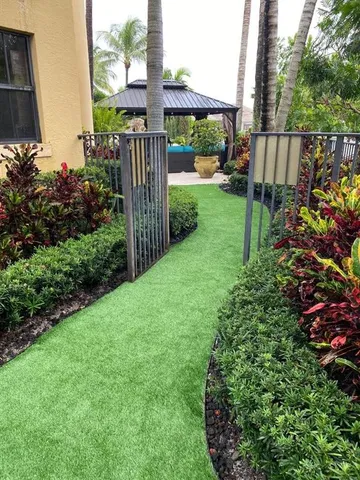 a view of a garden with a palm tree
