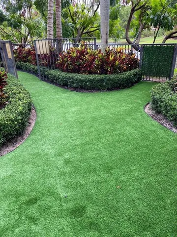 a view of a backyard with potted plants and large trees