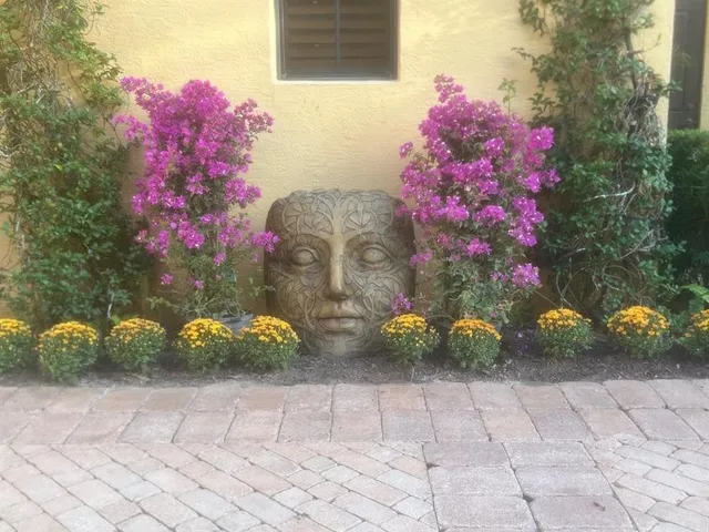 a view of a patio with couches table and chairs potted plants and palm tree