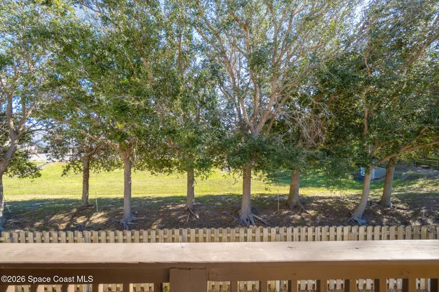 a view of a yard with wooden fence