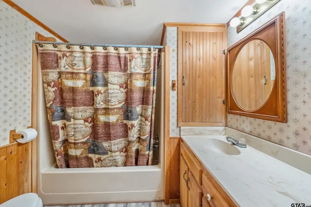 a bathroom with a sink a mirror and a shower