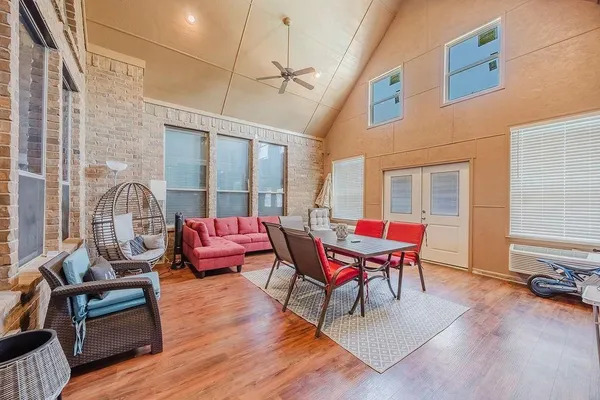 a backyard of a house with seating space