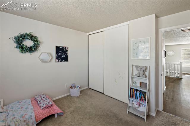 1830 Doherty Road Colorado Springs, CO 80916 - Photo 18 of 34 Bedroom with hardwood / wood-style floors, a closet, and a textured ceiling
