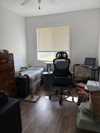 a room with a workspace