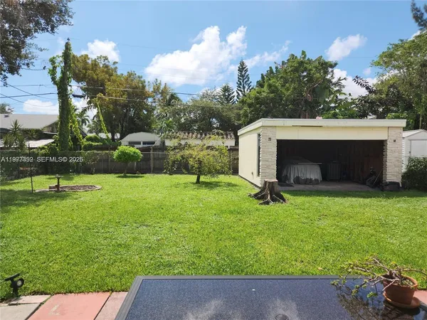 a backyard of a house with table and chairs