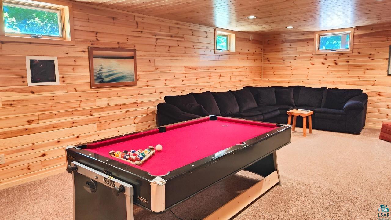 2357 Retreat Lodge Road Cook, MN 55723 - Photo 22 of 45 Recreation room with carpet, wooden ceiling, pool table, wood walls, and recessed lighting
