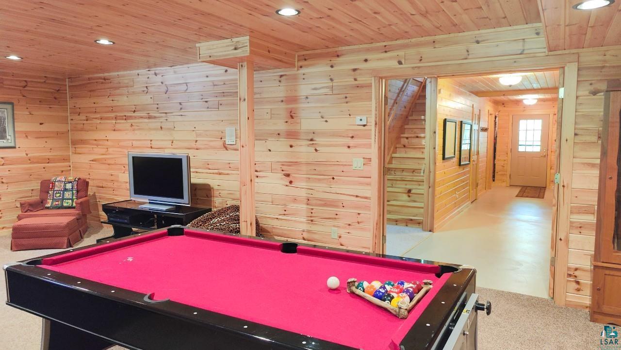 2357 Retreat Lodge Road Cook, MN 55723 - Photo 30 of 45 Recreation room featuring wooden walls, wood ceiling, recessed lighting, billiards table, and carpet
