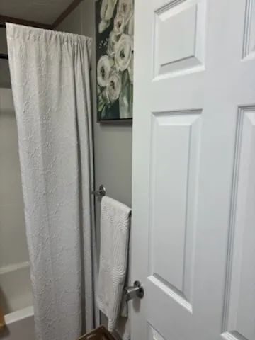 a bathroom with a shower and a toilet