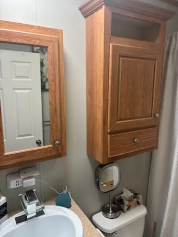 a bathroom with a sink a toilet and mirror