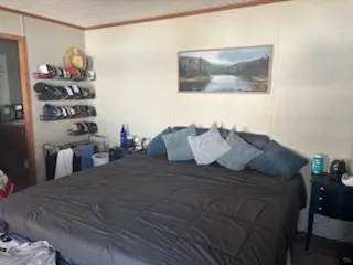 a bedroom with a bed and a couch