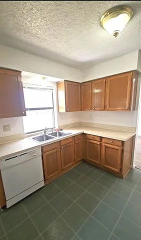 a kitchen with a sink a window and cabinets