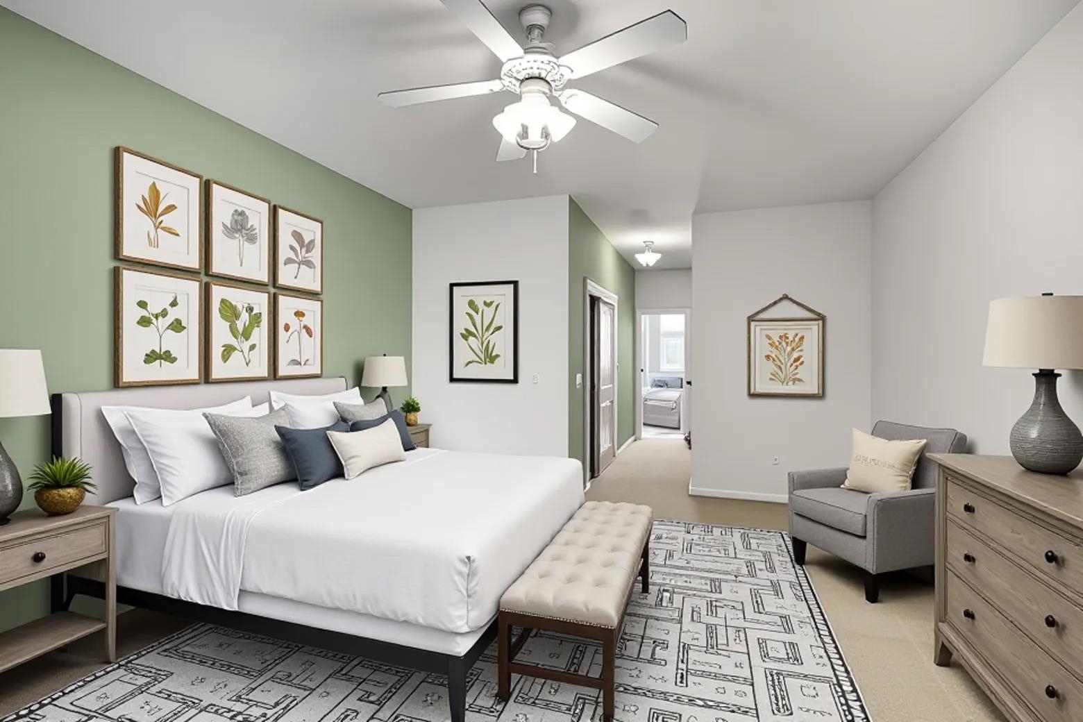 343 Field Stone Drive Murphys, CA 95247 - Photo 17 of 40 Virtually Staged Bedroom featuring light colored carpet, a closet, a ceiling fan, and ensuite bath