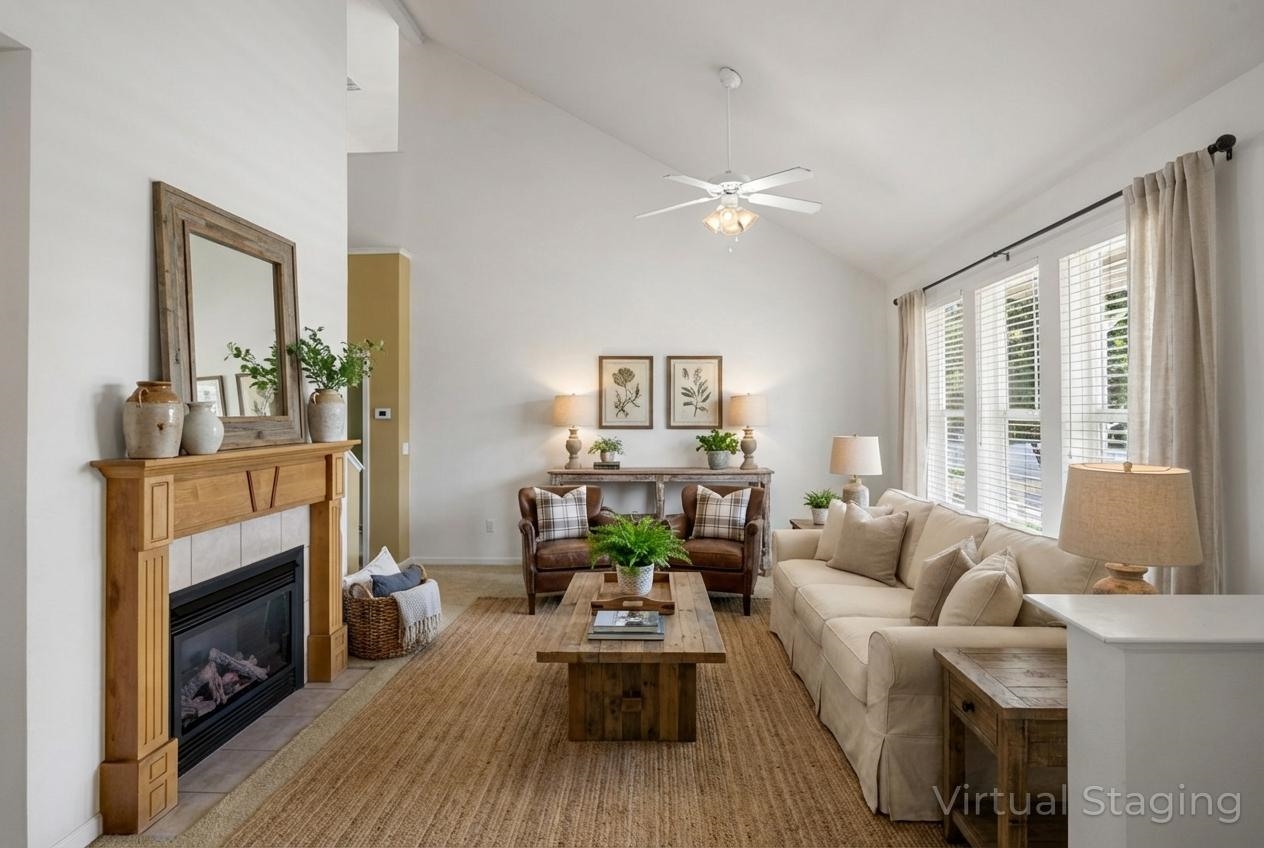343 Field Stone Drive Murphys, CA 95247 - Photo 8 of 40 Virtually Staged Carpeted living area with high vaulted ceiling, a tiled fireplace, and a ceiling fan