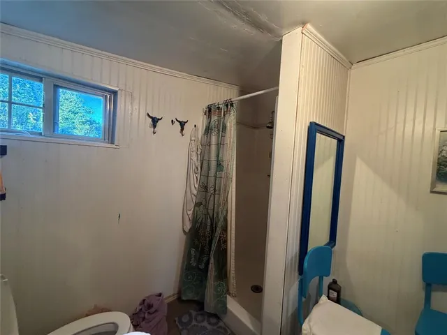 a bathroom with a shower toilet and sink