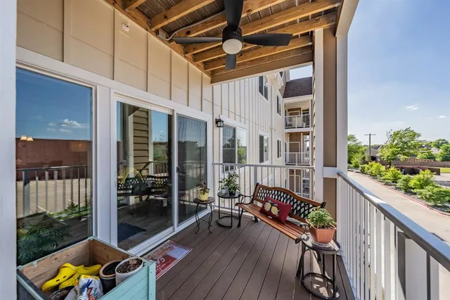 a garden view with a seating space