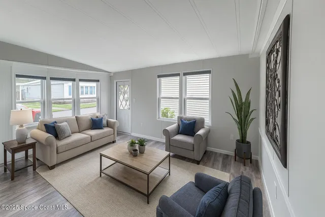 a living room with furniture and a potted plant