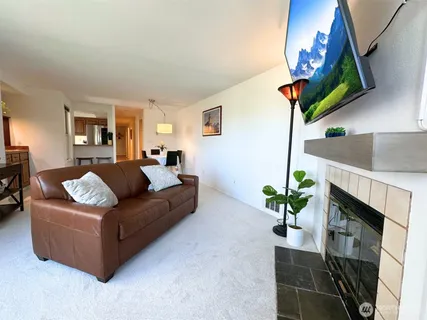 a living room with furniture a potted plant and a lamp