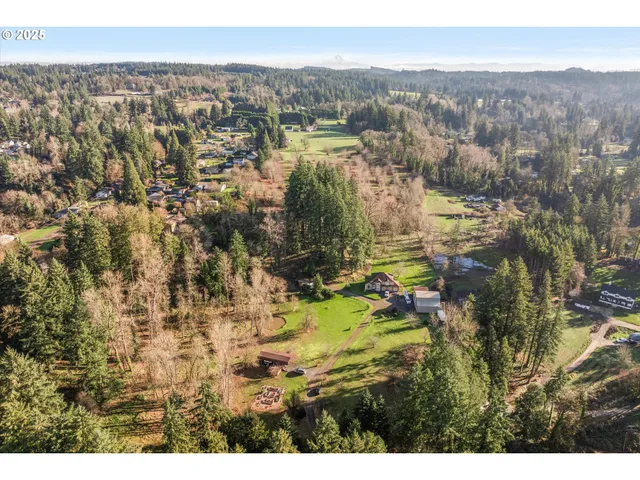a view of residential houses with outdoor space and trees