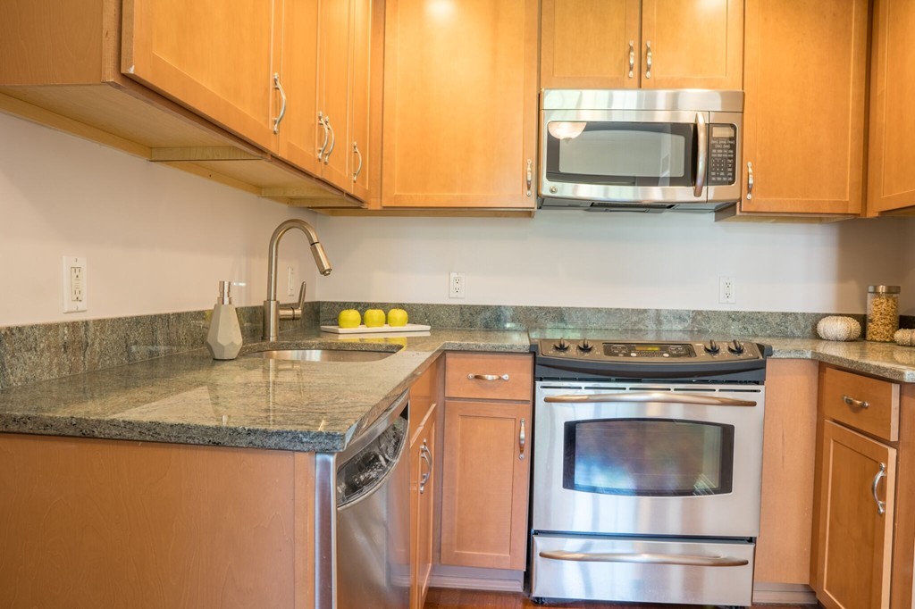 20 Chapel Street, Unit B411 Brookline, MA 02446 - Photo 5 of 18 a kitchen with stainless steel appliances granite countertop a stove microwave and sink