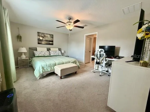 a bedroom with a bed a couch and a flat screen tv