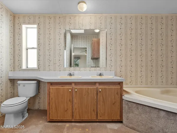a bathroom with a sink a toilet and a large mirror