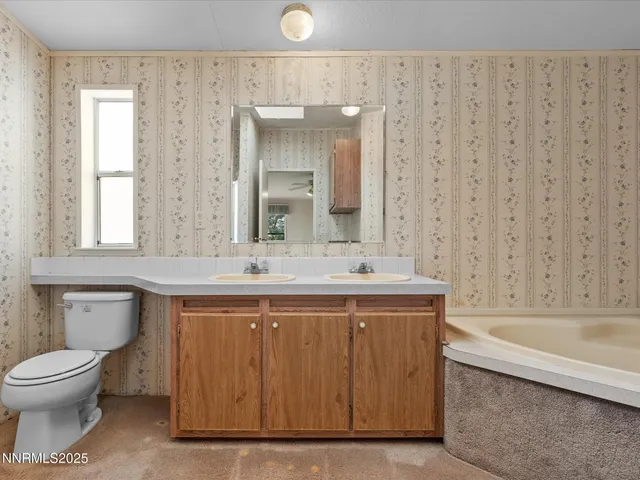 a bathroom with a sink a toilet and a large mirror