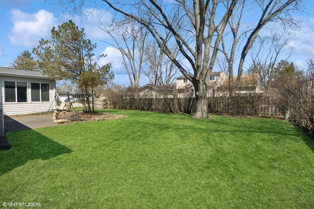 a view of a house with backyard and a tree