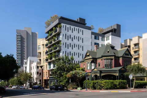 a view of a building with a street