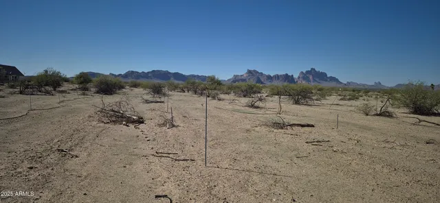 a view of a beach with a mountain in the background
