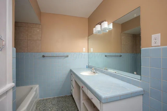 a bathroom with a sink vanity and toilet