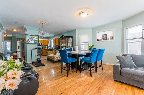 a view of a dining room with furniture