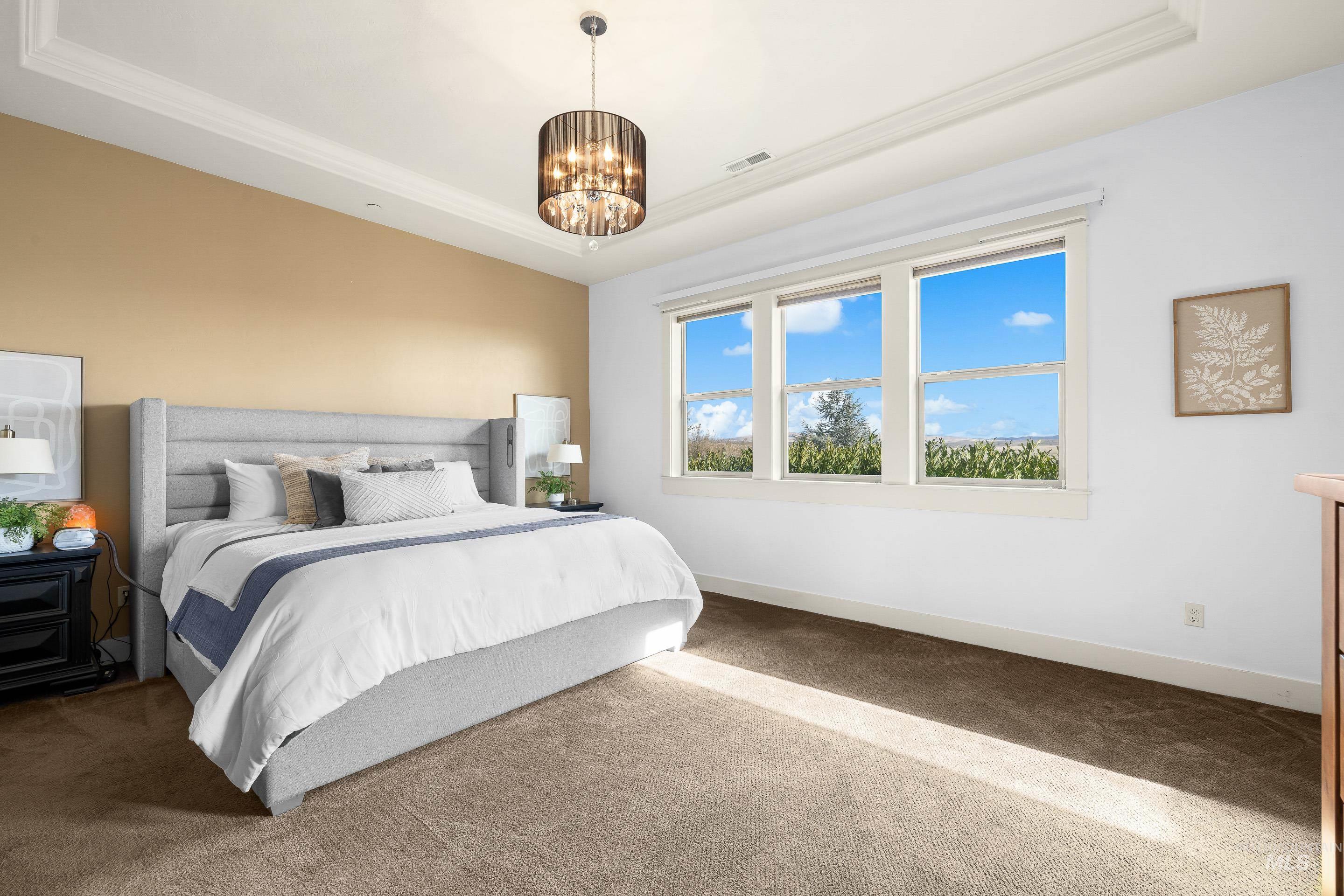 7521 North Grand Ridge Lane Eagle, ID 83616 - Photo 28 of 50 Carpeted bedroom featuring a raised ceiling, hanging lights, and ornamental molding