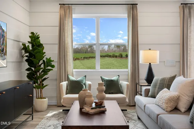 a living room with furniture and a potted plant