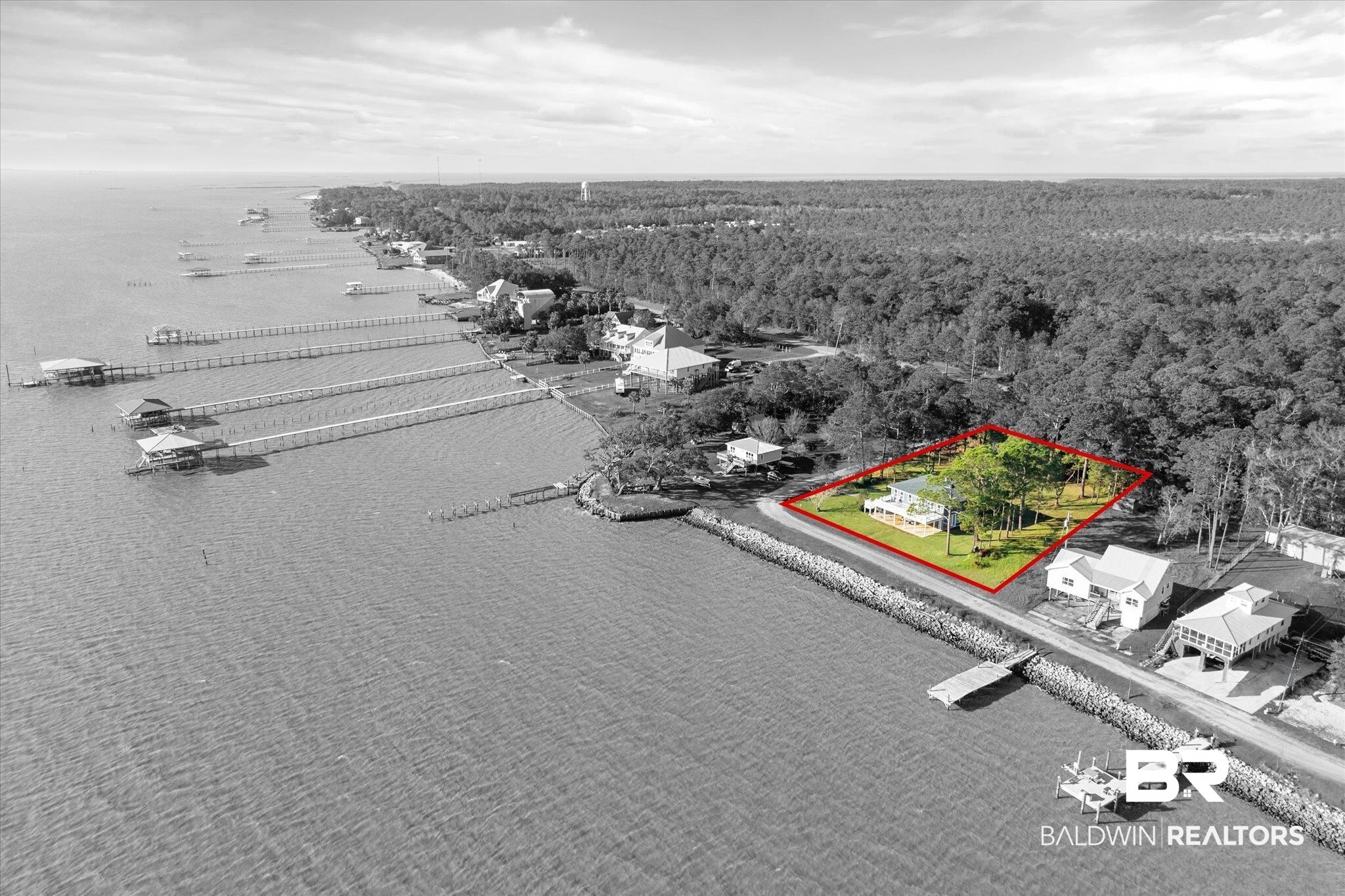 15111 Regus Road Coden, AL 36523 - Photo 29 of 35 Aerial view of property and surrounding area featuring property parcel outlined and a large body of water