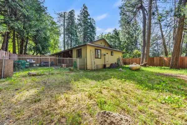 a view of a backyard with a small cabin