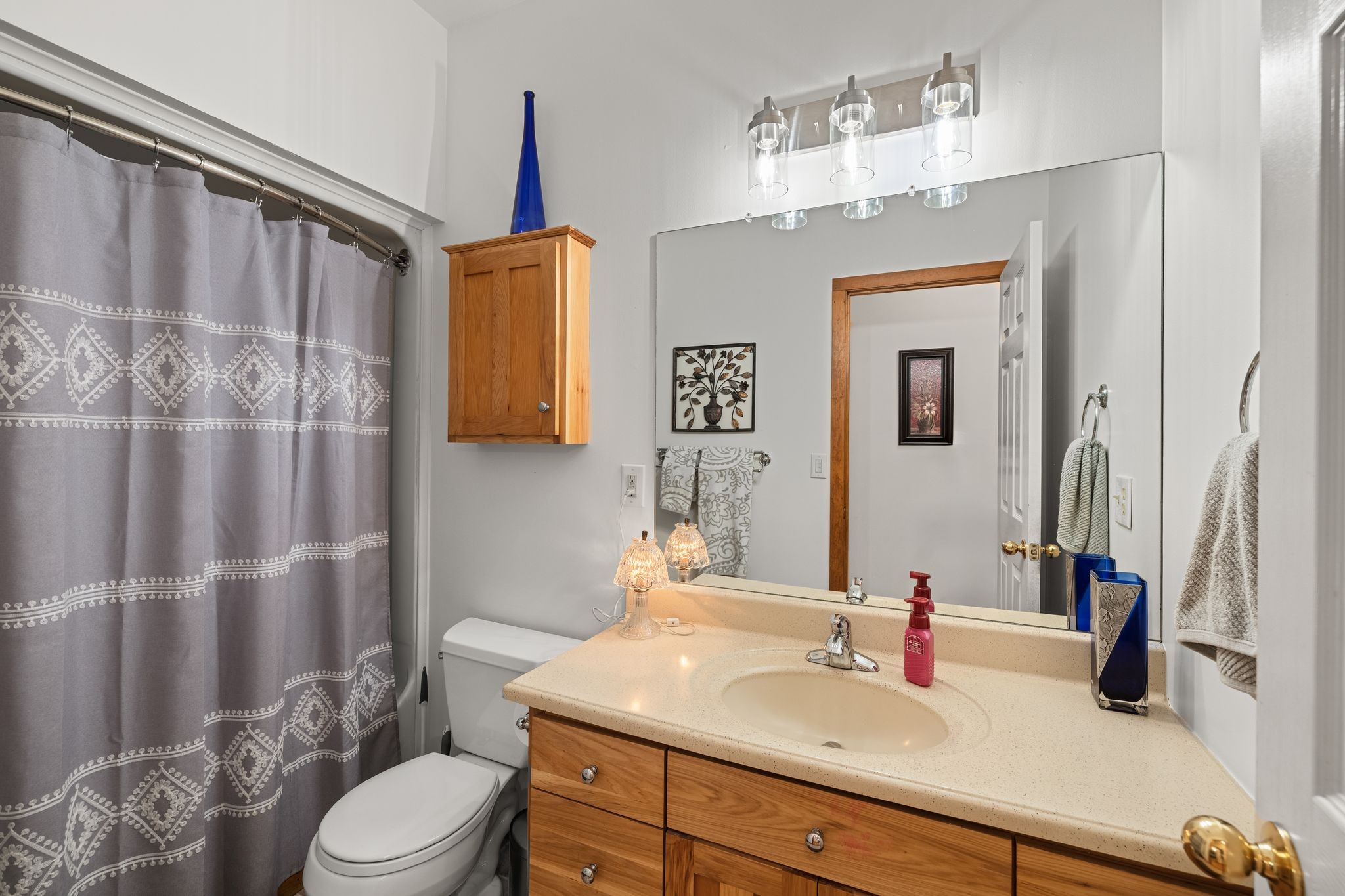 6245 Greentown Road Tracy City, TN 37387 - Photo 32 of 47 a bathroom with a sink a toilet and shower curtain