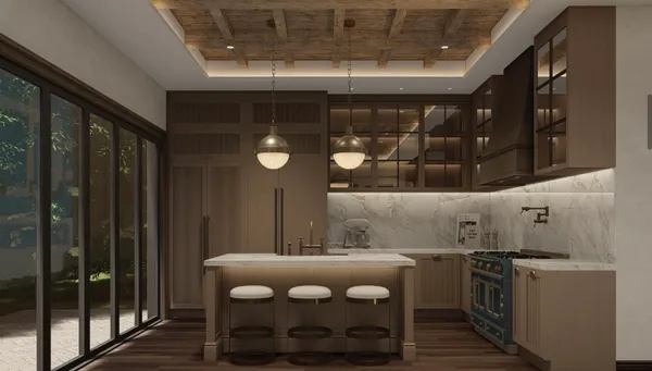 a room with stainless steel appliances kitchen island granite countertop a sink and cabinets