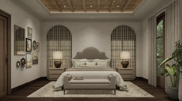 a bedroom with a large bed and a window